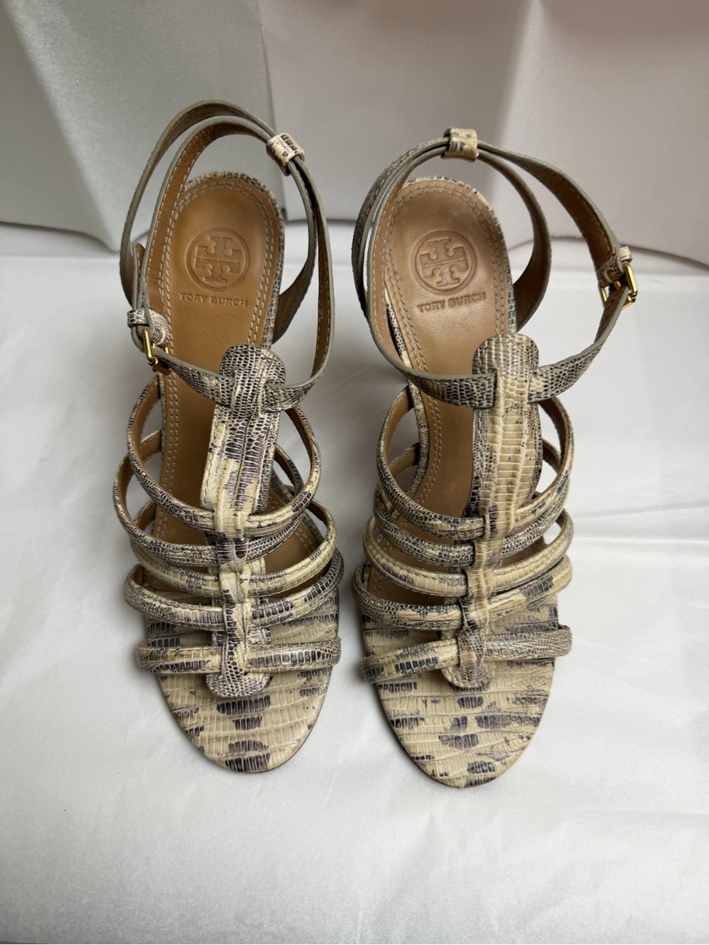 Tory Burch Neutral Snake-Print Strappy Heels